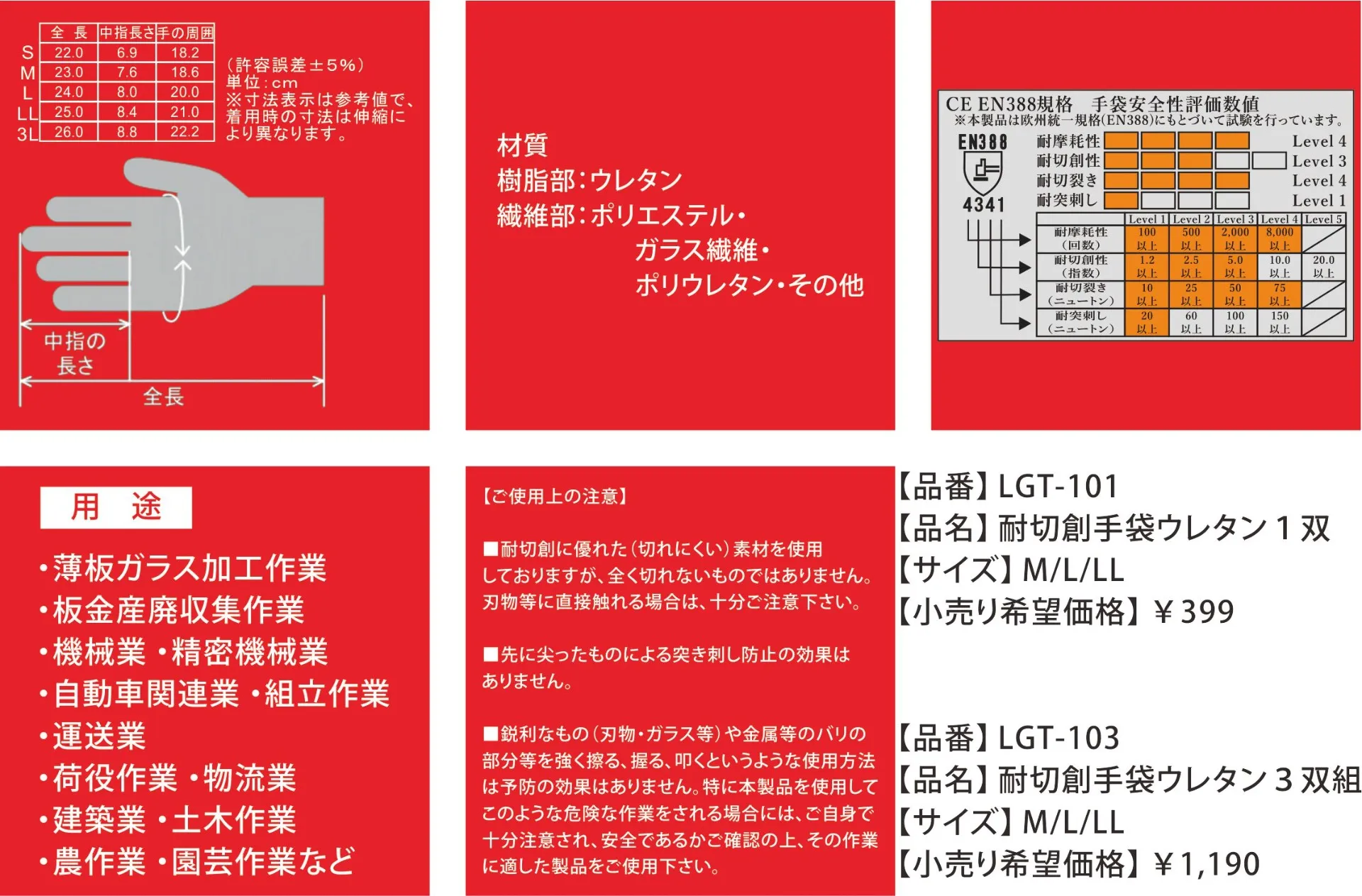 LGT-103　耐切創ウレタン手袋3双組<br>15双【3双組パック×5】